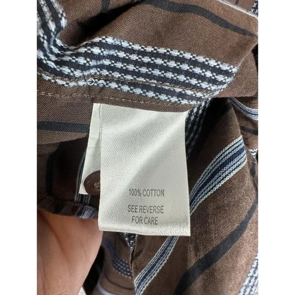 Johnston & Murphy Shirt Mens Medium Brown Blue Striped Tailored Fit Long Sleeve